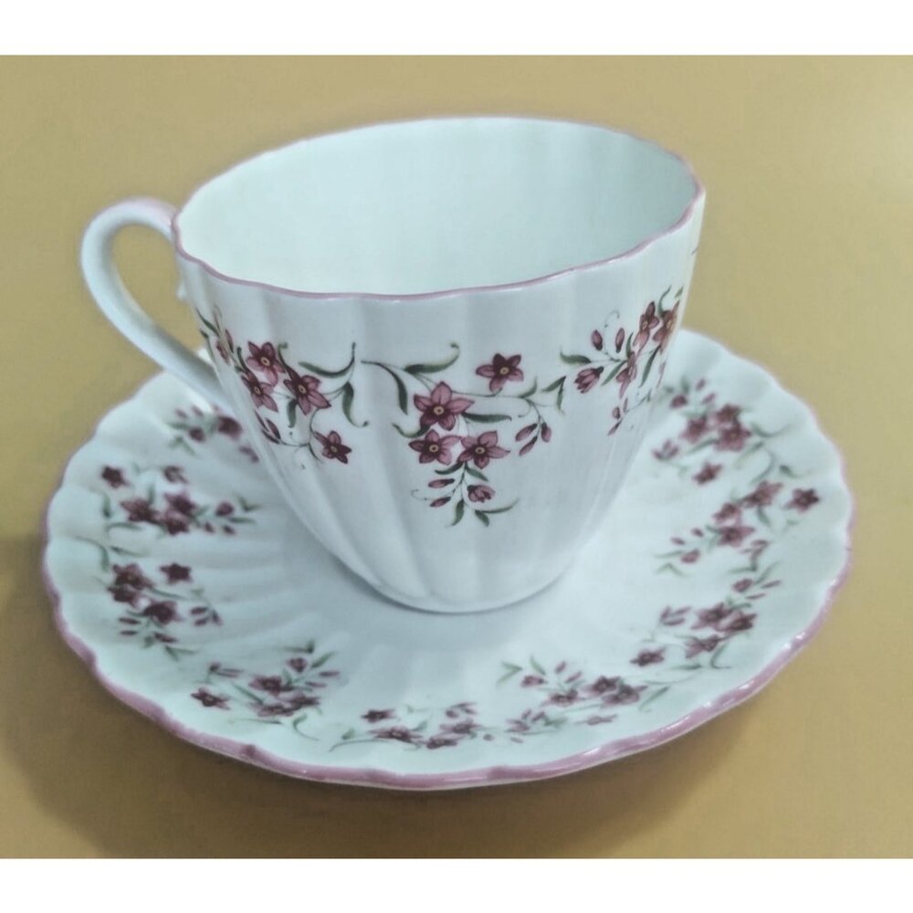 Royal Tuscan (Wedgwood Group) Teacup & Saucer Pink Flowers & Trim Fluted Design